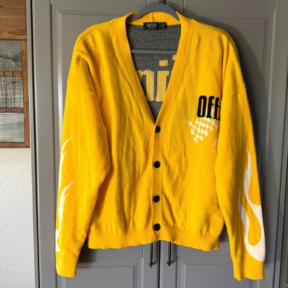 BoohooMAN Boxy Official Moto Car Badge Cardigan,Yellow Black,L - Picture 6 of 10